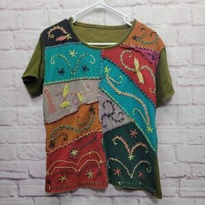 Boho Patchwork Embroidered Tshirt Womens L Hippie Festival Artsy Colorful